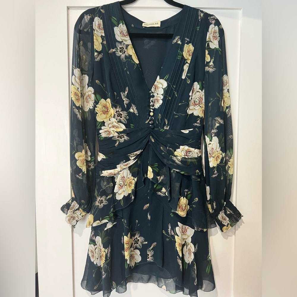 Nicholas 100% Silk Navy Blue Floral Mini Dress Size 4